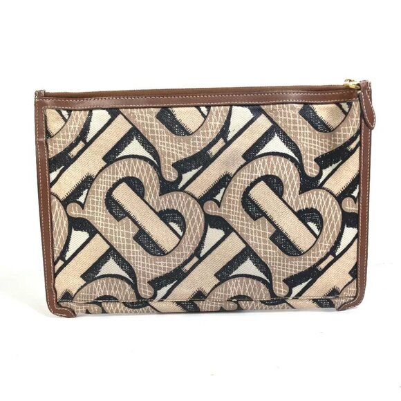 BURBERRY bag TB whole pattern fastener zip Clutch bag PVC/Leather Brown - Picture 1 of 13